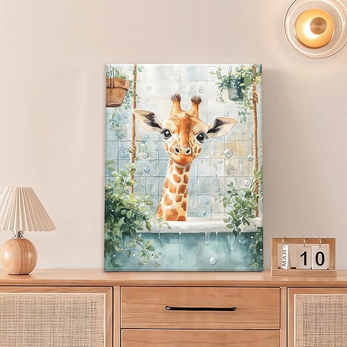 Bathroom Funny Giraffe Pictures Wall Art, Watercolor Giraffe Bathroom Wall Decor, Animal Framed Painting Canvas Artwork for Living Room Decorations 20"L x 16"W