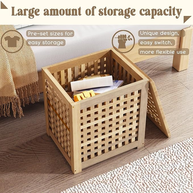 Bench with Storage, Acacia Laundry Hamper with Seat, Storage Benches with Seating for Entryway, Living Room, Bedroom, Bathroom (15.7x19.7x17.7in)