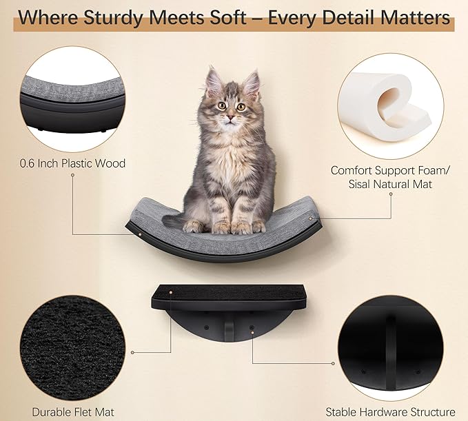 2-Piece Cat Wall Steps with Grey Felt Pads, Floating Cat Wall Perches and Climbing Steps, Wall Mounted Shelf for Small and Large Cats