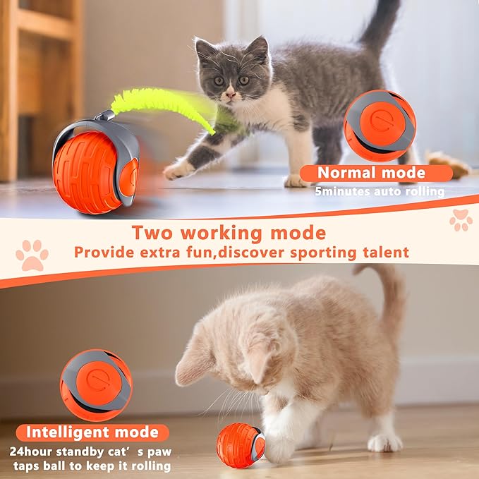 Cat Toys,Interactive Cat Toys Ball for Bored Indoor Cat,Automatic Rolling,Drop Resistant and Obstacle Avoidance,2 Modes Adjustment,Fluffy Tail and USB Type-C Rechargeable（Orange）