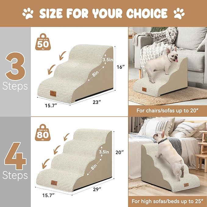 Dog Ramp and Stair for Bed 16" H-20 H,3-Step Cat Stair for Sofa and Chair,4-Step Dog Ramp for High Bed and Window,Durable Nonslip Fabric Cover for Indoor (Beige-20 H, Pet Friendly, 4)