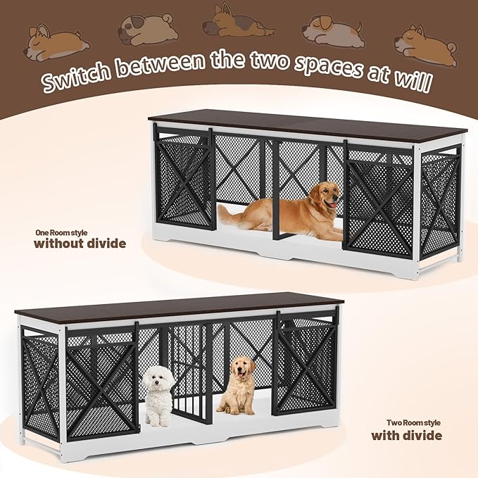 COZPAW 78 Inch Double Dog Crate Furniture, Extra Large Dog Kennel Indoor for Medium Large 2 Dogs, Heavy Duty Dog Cage Chew-Resistant Steel and Wooden Pet House with Removable Divider (White Brown)