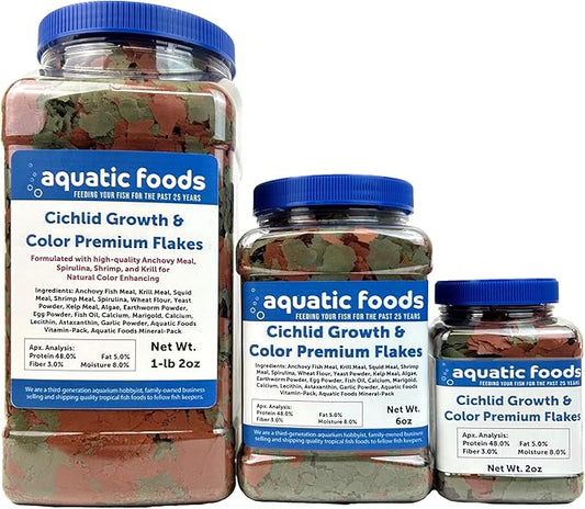 Aquatic Foods Inc. Premium Cichlid Growth and Color Enhancing Flakes with Spirulina, Color Enhancing Astaxanthin Also Pellet Mix, Wafer Mix Included…1-lb 2oz