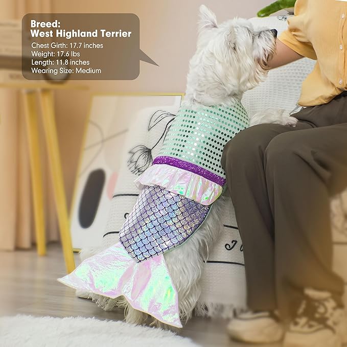 cyeollo Dog Mermaid Costume for Small Dogs Funny Dog Halloween Outfit Holiday Birthday Party Cosplay Pet Clothes Sparkly Pet Costumes, Size M