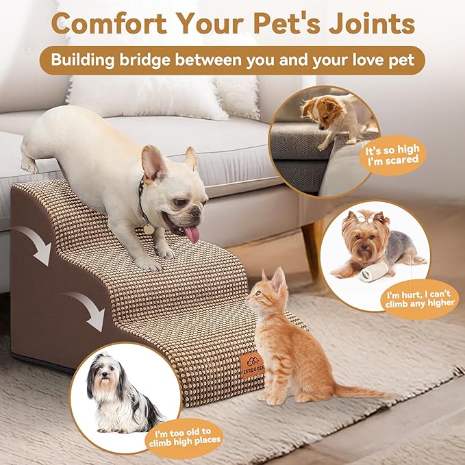 Dog Ramp and Stair for Bed 16" H-20 H,3-Step Cat Stair for Sofa and Chair,4-Step Dog Ramp for High Bed and Window,Durable Nonslip Fabric Cover for Indoor (Coffee-16 H, Pet Friendly, 3)