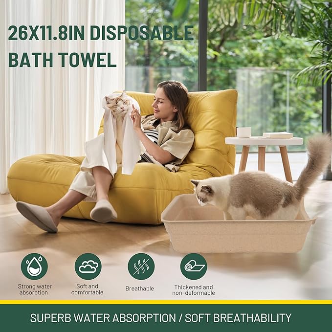 Disposable Litter Boxes for Cats, Low Entry Paper Litter Box, Paper Cat Litter Tray with One-time Pet Bath Towel Set （3PACKS with 1 Towel） for Travel on Weekends or Trips of Short Holidays