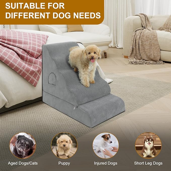 Dog Stairs for Small Dogs 24.6" H, 5-Step Dog Steps for High Bed, High-Density Foam Curved Pet Stairs with Non-Slip Removable Washable Cover to Get on Bed