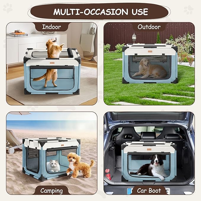 Dog Crate - Soft Pet Kennel for Dogs/Cats, 3-Door Breathable Travel Cage with Mesh Window, Portable Dog Kennel for Indoor & Outdoor, Blue-XL