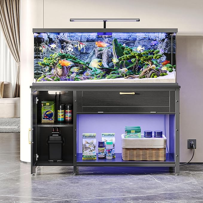 Bestier 55-75 Gallon Fish Tank Stand with Power Outlet&LED Light, 49x19 Heavy-Duty Metal Aquarium Stand with Cabinet&Drawer for Accessories Storage, Suit for Reptile/Turtle Terrarium, 726Lbs Capacity