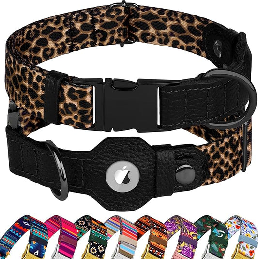AirTag Dog Collar for Small Medium Large Breed - Adjustable Cute Pattern Dog Collar with Airtag Holder - Soft Leather Tracker GPS Apple Air Tag Pet Collars (Small, 12"-15" Neck Fit, Leopard)