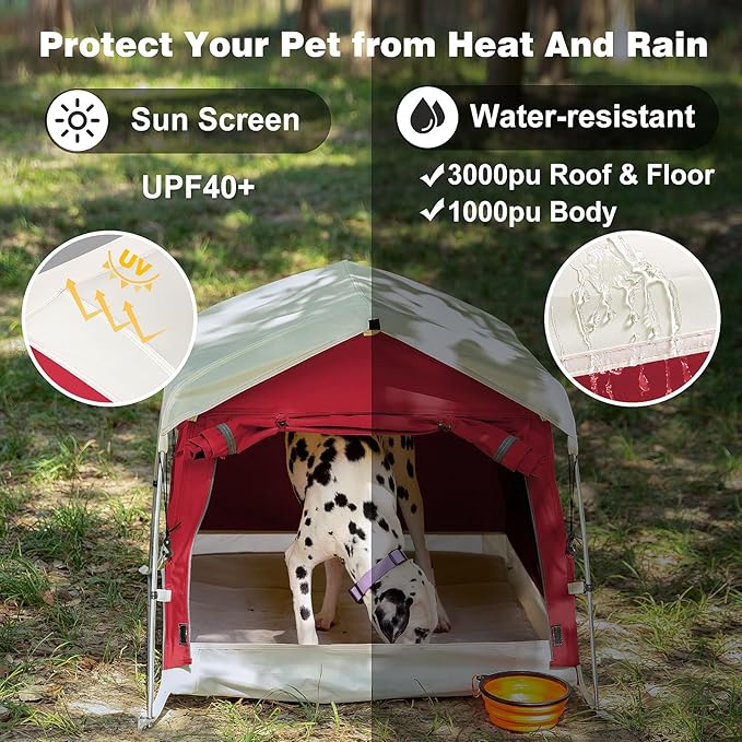 Dog Tent Cotton Fabric, Aluminum Poles and Camping Mat, Outdoor Weatherproof, Dog House Outdoor, Breathable with 2 Side Windows, Portable and Collapsible (Red, Large)