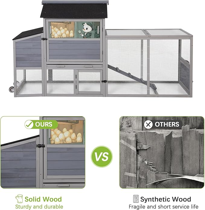 COZIWOW 82" Large Wooden Chicken Coop, Outdoor Rabbit Hutch with Wheels, Sunshine Board, Asphalt Roof, Ramp, Openable Top, Door, Window, Pull-Out Tray, Indoor Bunny Cage (Gray with Pattern)
