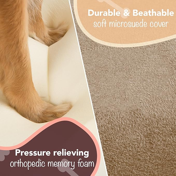 Chester Large Dog Bed - Orthopedic Memory Foam Mattress, Calming Couch, Wall Rim Pillow, Water Resistant, Washable Cover, Non-Slip, Khaki Beige