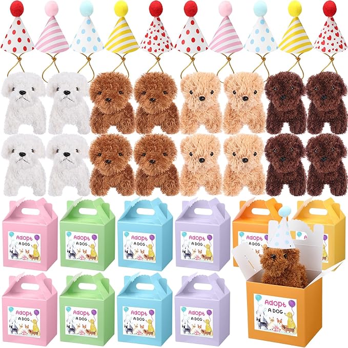 20 Pcs Mini Plush Dog Bulk 4 Inch Small Stuffed Puppy Set Include 20 Adopt a Pet Kraft Paper Boxes and 20 Cute Cone Hats Soft Dog Animals for Kids Birthday Adopt a Puppy Favor Gifts