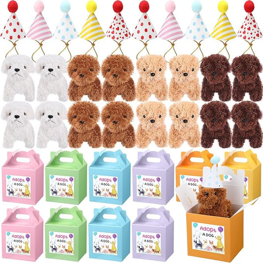 20 Pcs Mini Plush Dog Bulk 4 Inch Small Stuffed Puppy Set Include 20 Adopt a Pet Kraft Paper Boxes and 20 Cute Cone Hats Soft Dog Animals for Kids Birthday Adopt a Puppy Favor Gifts