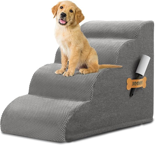 Dog Stairs, Romrol Dog Steps Ramp for High Bed and Couch, Dogs Ramp with Durable Non-Slip Waterproof Fabric Cover, Pet Stairs for Small Dogs and Cats or Pets Joints, 4-Tiers,Grey