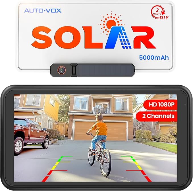 AUTO-VOX Solar Wireless Backup Camera with 5" 1080P Monitor: 5000mAh Battery 2 Mins DIY Installation & 2 Split Screen Back Up Camera, IP69K Waterproof Reverse Camera for Car, Van, SUV, Truck, Trailer