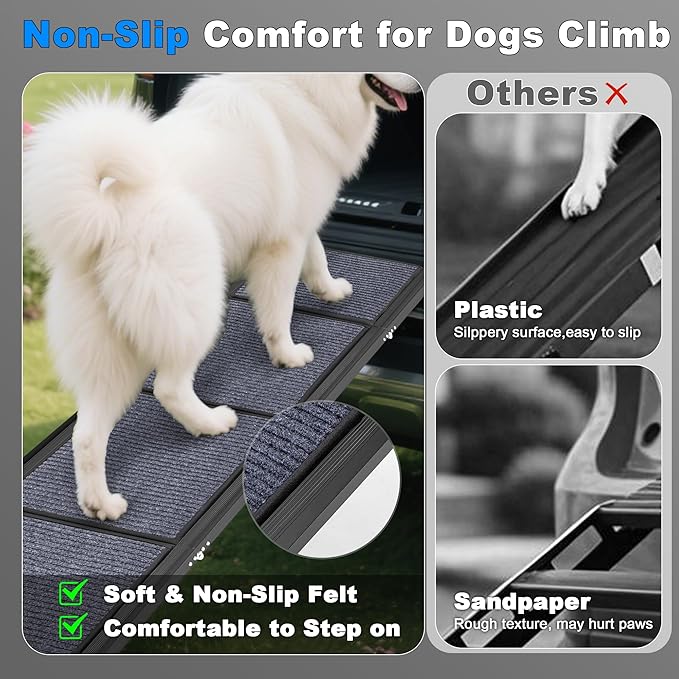 AQUILLA Dog Ramp for Car, 67" Aluminum Foldable Pet Ramp with Anti-Slip Soft Surface, Outdoor Portable Pet Ramp for Old & Medium & Large Dogs Enter Caravans, High Bed, Up to 250LBS (67" L x 17.3" W)