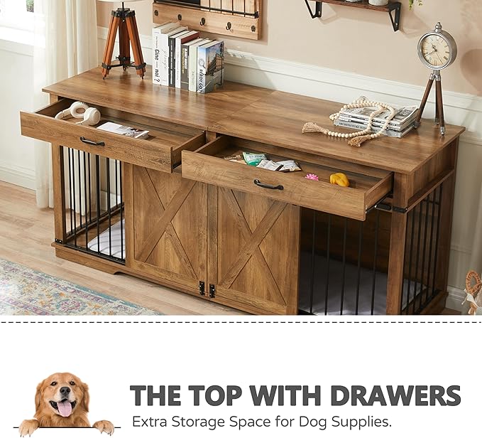 72.5" Extra Large Furniture Style Double Dog Crates for Large Breeds, XXL Wooden Dog Kennel Furniture with Drawers, Divider, Water Resistant & Barn Door for 2 Dogs, Rustic Oak