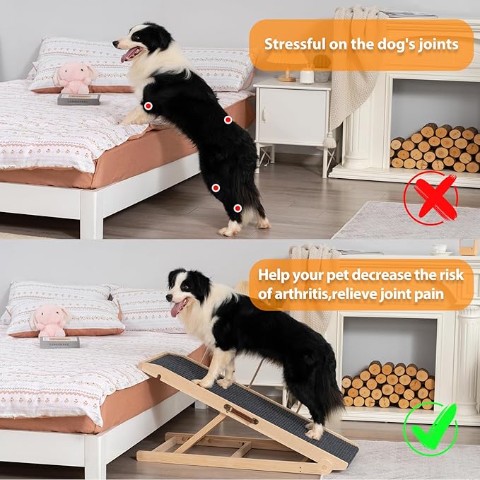 Dog Ramp for Bed, Dog Stairs for Small and Large Dogs, Portable Dog Steps for Bed, Couch, Car, Adjustable Pet Ramp, Anti-Slip Traction Mat Pet Steps, Support up to 210 lbs (Log Color, LENTH-55.1IN)
