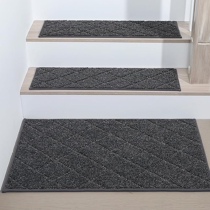 COSY HOMEER Edging Stair Treads Non-Slip Corner Indoor Stair Runners for Wooden Steps,Landing Slip Resistant Stair Rugs for Kids and Dogs, 100% Polyester TPE Backing,Black,20"X32"
