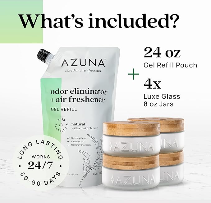Azuna Air Freshener & Odor Eliminator for Strong Odor | 4 Room Kit Includes (4) 8 oz. Empty Luxe Glass Jars & 24oz Gel | Refill with Tea Tree Essential Oil | Natural Scent | Last 60-90 Days