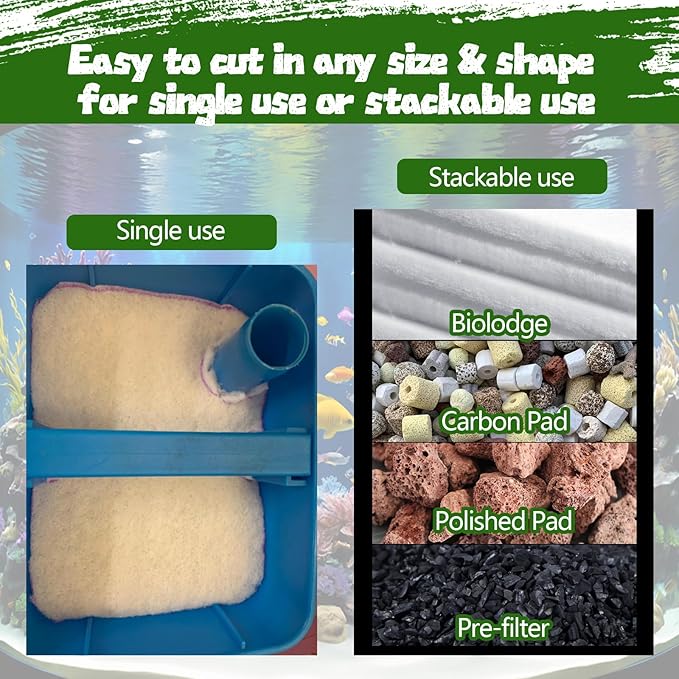 Aquarium Filter Floss 12 * 144 Inches, Cut to Fit Fish Tank Filter, Dual Density Aquarium Filter Pad, Pond Filter Media Roll Clear Water for Freshwater & Saltwater, Safe for Fish, Reef, Turtles