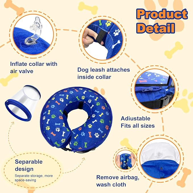 Dog Cone Collar with Enhanced Anti-Licking, Inflatable Dog Cone After Surgery, Adjustable Size with Soft Padding for Small Medium Large Dogs - Blue/M
