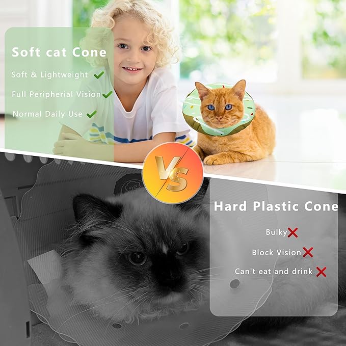 Cat Cone Collar Soft, Adjustable Cat Recovery Collar Kitten Cones to Stop Licking, Cute Donut E Collar After Surgery, Cats Neck Pillow Cone Elizabethan Cones of Shame (Waterproof Green, Medium)