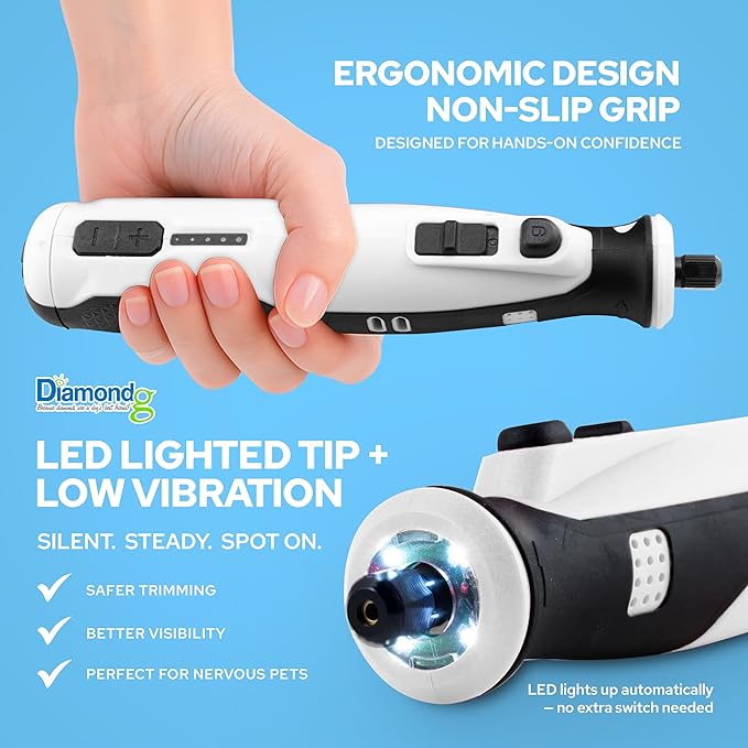 Diamondg Cordless Dog Nail Grinder with Quiet Sound & LED Tip for Large & Small Dogs, 4hrs. Runtime - Electric Dog Nail Trimmer, Heavy Duty Rotary Tool Alternative to Toenail Clippers & Filers