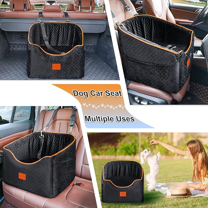 Dog Car Seat for Small Dogs, Memory Foam Booster Dog Seat for Dogs up to 35 lbs, Elevated Pet Car Seat with Washable Removable Cover, Storage Pockets (Black)