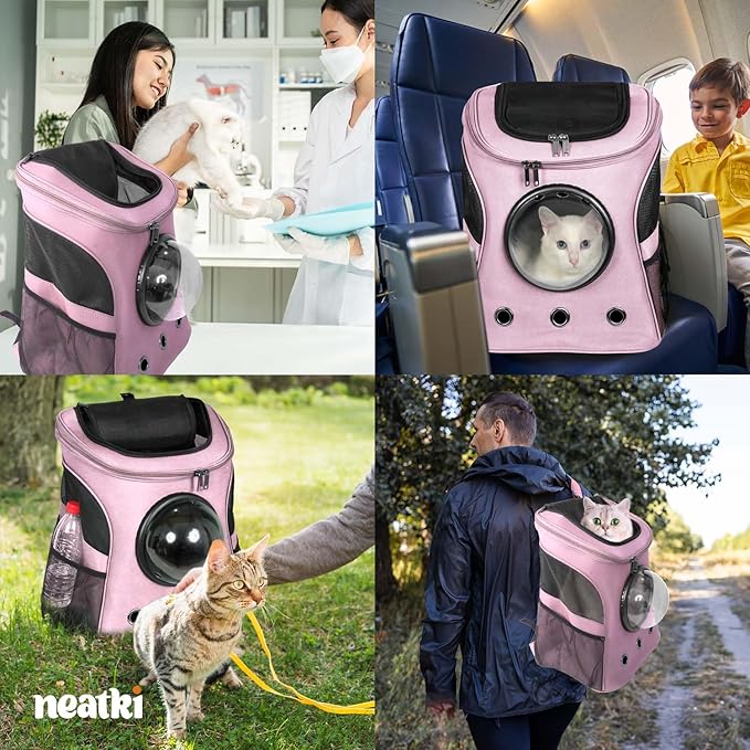 Cat Backpack Carrier, Airline Approved, Space Capsule Bubble Design, Ideal for Cats & Dogs up to 28-35 lbs, with Strong Straps, Safety Zippers, Mesh, Comfortable for Hiking & Travel (Pink)