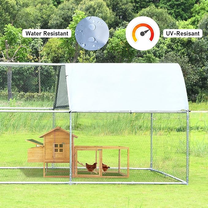 4ever2buy Large Metal Chicken Coop with Run Walk-in Poultry Cage Chicken Runs House Pen Cage Spire Roofed Chicken Coops with Anti-Ultraviolet Cover for Outdoor Backyard Farm Use 9.5’Lx24.9’Wx6.4’H
