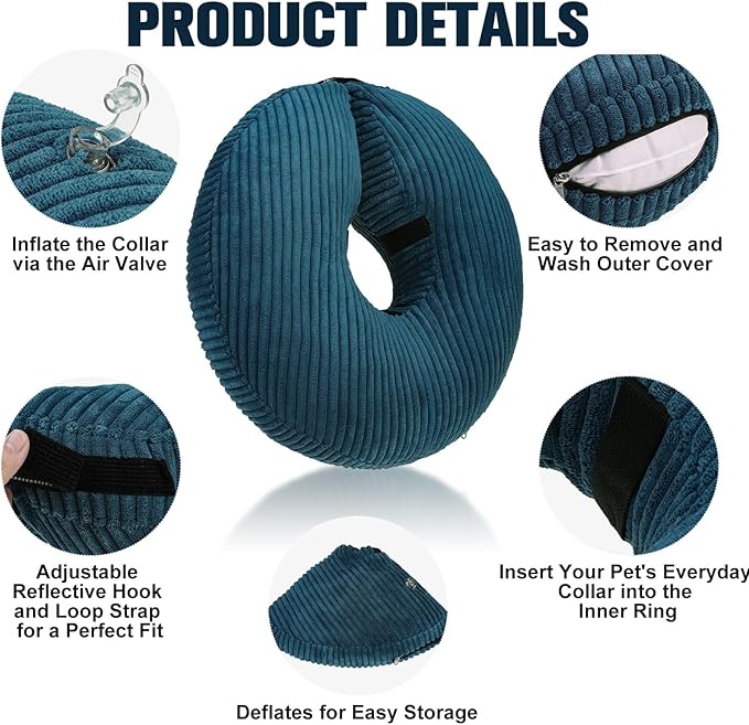 BINGPET Inflatable Dog Cone Collar Alternative After Surgery,Soft Recovery Cone for Dogs to Stop Licking,Protective Neck Donut E Collar Adjustable for Small Medium Large Dogs & Cats(Navy Blue,XL)