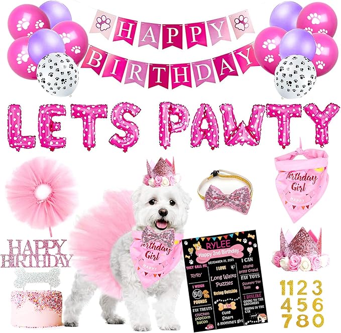 Dog Birthday Party Supplies, Pink Dog Birthday Decorations, Lets Pawty Balloons Banner Hat Bandana Tutu Skirt Outfit for Small Medium Dogs