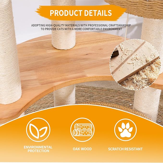 54" Modern Cat Tree Tower for Indoor Cats, Oak Cat Scratching Tree for Multiple Large Cats, Manual Hand Woven Luxury Cat Condo, Unique High-end Design Cat Furniture Activity Centre, Easy Clean
