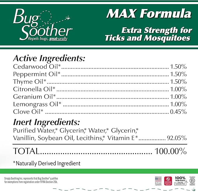 Bug Soother MAX - Natural Gnat, Tick, and Mosquito Repellent, 8 fl oz Bug Spray Deterrent - DEET-Free Safe for Adults and The Environment - Made in USA