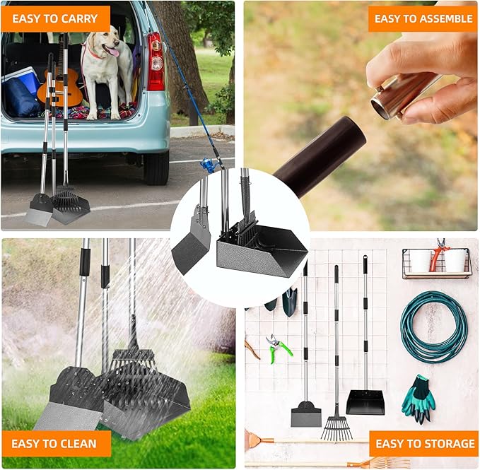 Dog Pooper Scooper, Adjustable Handle Poop Scooper with Tray,Rake and Spade Set of 3, Steel Stainless Poop Scoop for Small Medium Dogs and Pet Waste on Grass, Dirt and Gravel (Medium Size)