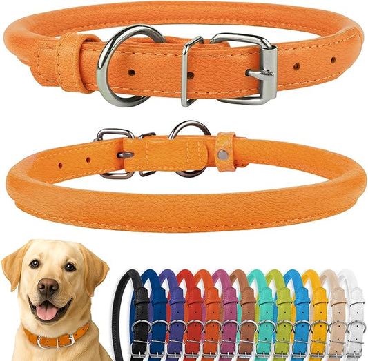 CollarDirect Rolled Leather Dog Collar, Soft Padded Round Puppy Collar, Handmade Genuine Leather Collar Dog Small Large Cat Collars 13 Colors (15-19 Inch, Orange Textured)