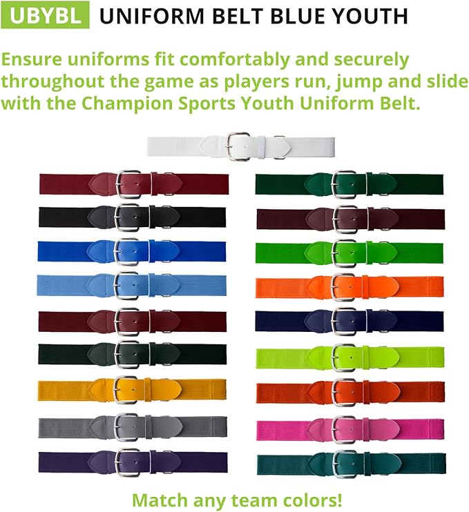 Champion Sports Baseball/Softball Uniform Belt, Comfort Stretch Fit Durable Syntex Tab - Youth & Adult Sizes, Multiple Colors
