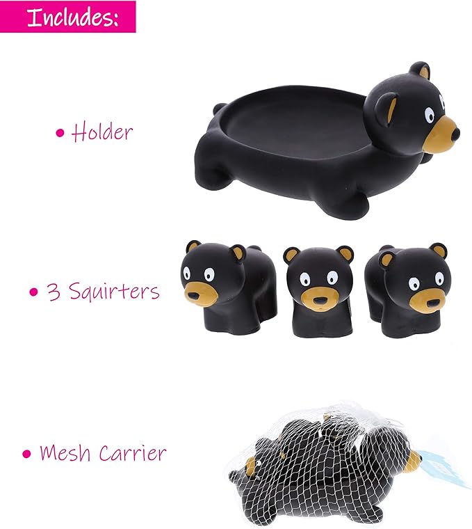 DolliBu Black Bear Animal Bath Toys - Family Animal Water Squirter for Kids, 4-Piece Kid and Baby Bathtub Toys, Fun Bath Time Children, Floating Bath Tub Decor, Rubber Animal Bath Toys, Squirt Toys