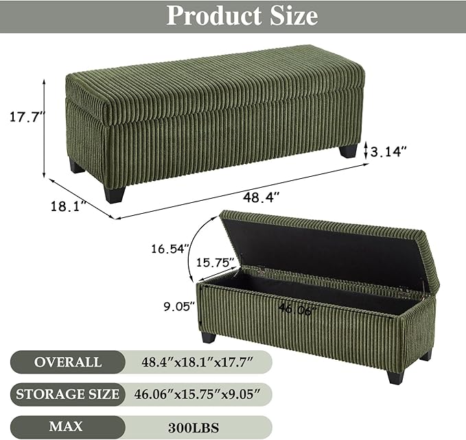 48" Green Ottoman with Storage, Corduroy Storage Ottoman Bench for Bedroom, End of Bed Bench with Safety Hinge for Living Room, Entryway