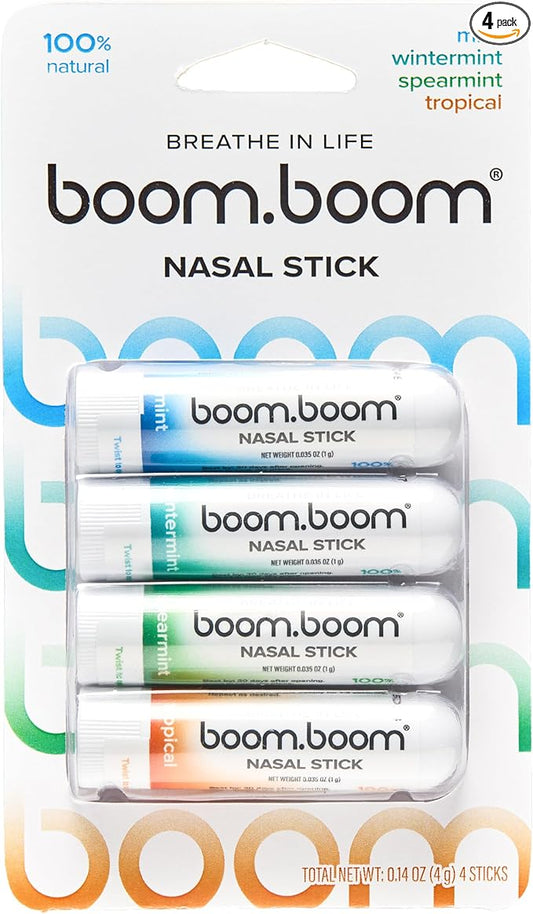 BoomBoom Nasal Stick | Vapor Flow Technology | Cool Refreshing Sensation | Natural Mood Boost | Simple Ingredients | Essential Oils + Menthol Inhaler (Mint, Wintermint, Tropical, Spearmint)