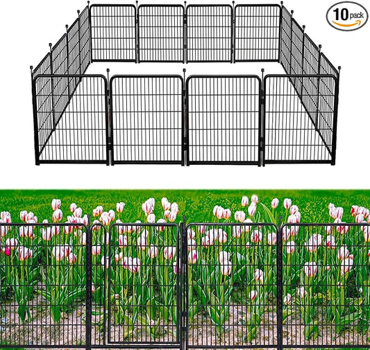 Doorless Dog Digging Fence Barrier,56in(H) 10 Panels Total 22.1 Ft(L), Black Metal Fencing for Yard 4.6ft Tall, Dog Fence Outdoor for Yard, Fences for Garden Beds, Garden Fencing Border