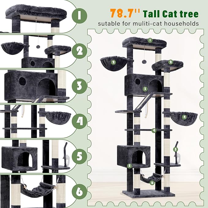 Cat Tree for Large Cats, 78.7"(200cm) Tall Cat Tower for Indoor Cats Multiple Cats with Large Top Perch, Cat Condo, Cat Hammcok, Cat Scratching Post, Dark Gray GCT031G