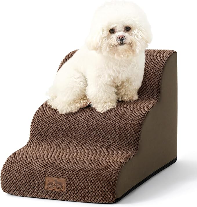 Dog Stairs for Small Dogs 15.7" H, Curved Dog Step for Puppy, Older Cat, Medium Pet Ramp for Sofa, Couch or Chair, Ladder with High Density Foam, 15.7x22.4x15.7 inch, 3 Step, Brown
