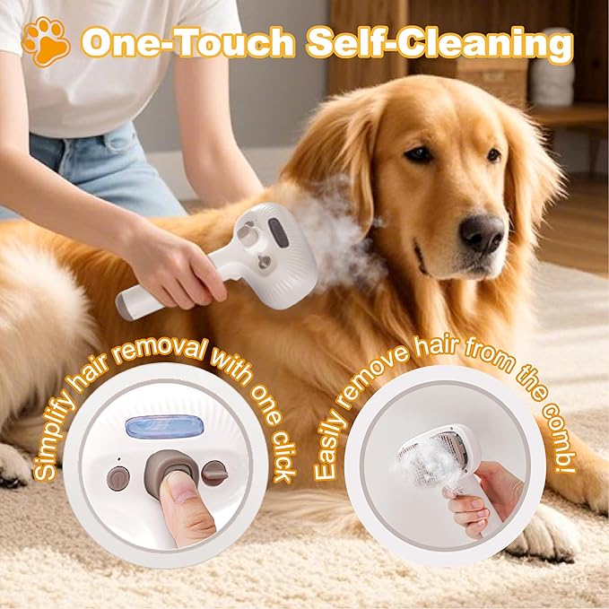 Cat Steam Brush, Dog Brush for Shedding, Pet Spray Hair Removal Comb, Pet Brush for Short & Long Hair, USB Rechargeable Grooming Supplies, Spritz Defur Comb with Finger Wipe for Teeth (White)