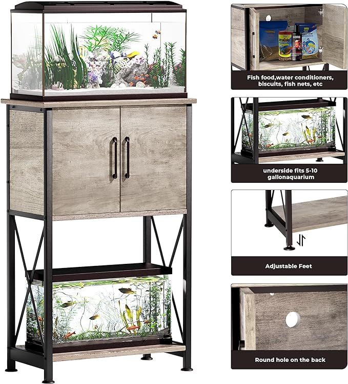 5-10 Gallon Fish Tank Stand, Metal Double Aquarium Stand with Cabinet for Fish Tank Accessories Storage, Heavy Duty 20.5" L* 11.02" W Tabletop, 500LBS Capacity Grey PG06YGZ