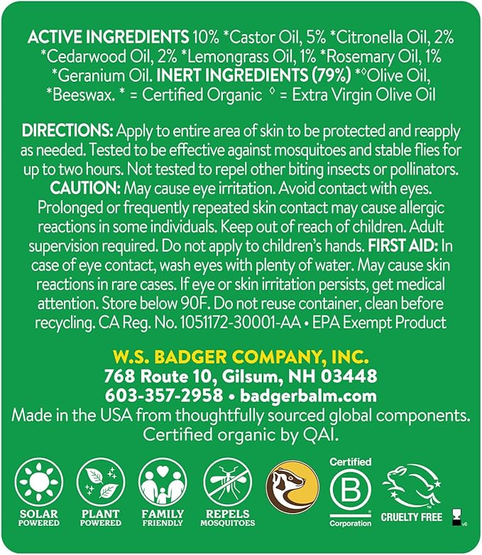 Badger Bug Repellent, Easy to Use Travel Stick, DEET-Free Mosquito Repellent & Insect Protection, Certified Organic Essential Oil Balm