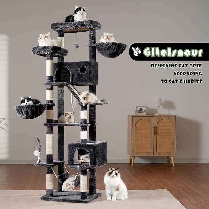 Cat Tree for Large Cats, 78.7"(200cm) Tall Cat Tower for Indoor Cats Multiple Cats with Large Top Perch, Cat Condo, Cat Hammcok, Cat Scratching Post, Dark Gray GCT031G